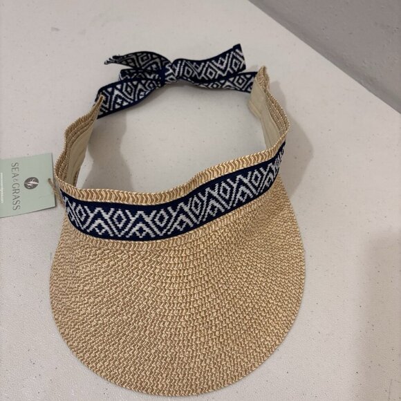 Sea & Grass Straw Visor With Ribbon Tie Navy Blue Nautical Beachy Hat - Picture 8 of 8